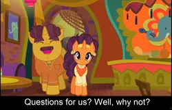 Size: 1920x1237 | Tagged: safe, derpibooru import, coriander cumin, saffron masala, pony, unicorn, comic:celestia's servant interview, spice up your life, caption, clothes, cs captions, ear piercing, earring, eyes closed, facial hair, father and child, father and daughter, female, interview, jewelry, looking at you, male, mare, moustache, piercing, smiling, stallion, tasty treat