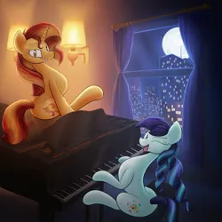 Size: 1024x1024 | Tagged: safe, artist:huffy26, artist:novaintellus, derpibooru import, coloratura, sunset shimmer, earth pony, unicorn, city, collaboration, duet, full moon, gift art, grand piano, looking at you, looking back, looking back at you, moon, musical instrument, night, one eye closed, piano, rara, sitting, smiling, tongue out, window, wink