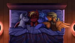 Size: 3117x1787 | Tagged: safe, artist:pridark, derpibooru import, oc, unofficial characters only, bat pony, pegasus, pony, unicorn, bat pony oc, bat wings, bedroom, blanket, commission, cuddling, cute, cute little fangs, eyes closed, fangs, pillow, smiling, wings