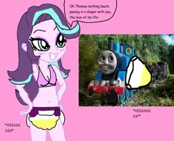Size: 1258x1024 | Tagged: suggestive, derpibooru import, starlight glimmer, human, equestria girls, 1000 hours in ms paint, belly button, best ship ever, breasts, cleavage, couple, crossover, crossover shipping, cursed image, delete this please, diaper, diaper fetish, downvote bait, female, fetish, humanized, interspecies, male, not salmon, pissing, please be satire, shipping, straight, thomas, thomas the tank engine, urine, wat, wet diaper, wetting, why