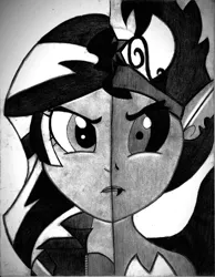 Size: 1275x1642 | Tagged: safe, artist:abstracted_vhs, derpibooru import, sunset shimmer, equestria girls, big crown thingy, duality, element of magic, grayscale, jewelry, monochrome, pencil drawing, regalia, split screen, sunset satan, traditional art, two sides