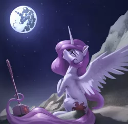 Size: 1600x1552 | Tagged: safe, artist:nadnerbd, derpibooru import, princess celestia, alicorn, pony, digital art, fanfic art, female, full moon, hammer, mare, mare in the moon, moon, night, pink-mane celestia, sitting, solo, war hammer, weapon