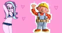 Size: 1267x668 | Tagged: artist needed, safe, derpibooru import, starlight glimmer, human, equestria girls, 1000 hours in ms paint, bikini, blushing, bob, bob the builder, clothes, crossover, crossover shipping, female, heart, humanized, male, pink background, please be satire, quality, shipping, simple background, straight, swimsuit, wat, why