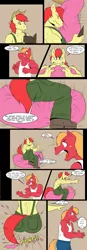 Size: 443x1280 | Tagged: safe, artist:beowulf100, derpibooru import, big macintosh, bright mac, anthro, earth pony, angry, angry dad, ball, book, clothes, comic, commission, cowboy hat, cross-popping veins, digital art, father and child, father and son, hat, hitting, male, popping, reading, speech bubble, tail, text