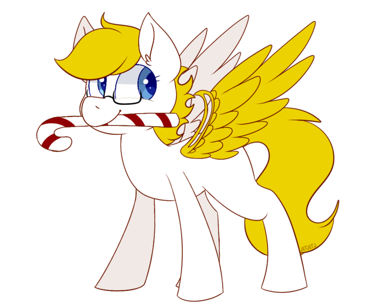 Size: 1000x800 | Tagged: safe, artist:jetjetj, derpibooru import, oc, oc:gizmo gears, unofficial characters only, pegasus, pony, amputee, artificial wings, augmented, candy, candy cane, female, food, glasses, mare, pegasus oc, prosthetic limb, prosthetic wing, prosthetics, solo, white coat, wings