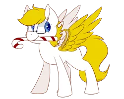 Size: 1000x800 | Tagged: safe, artist:jetjetj, derpibooru import, oc, oc:gizmo gears, unofficial characters only, pegasus, pony, amputee, artificial wings, augmented, candy, candy cane, female, food, glasses, mare, pegasus oc, prosthetic limb, prosthetic wing, prosthetics, solo, white coat, wings