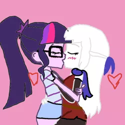 Size: 768x768 | Tagged: artist needed, safe, derpibooru import, sci-twi, twilight sparkle, human, equestria girls, blushing, crossover, crossover shipping, female, fire emblem, heart, humanized, kissing, lesbian, micaiah, micaiahtwi, pink background, shipping, simple background