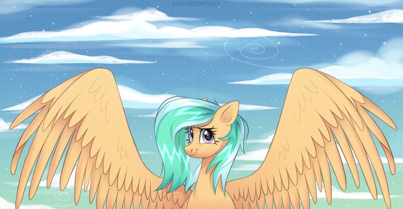 Size: 3508x1818 | Tagged: artist:sonyanezamayx, cloud, daytime, derpibooru import, female, large wings, mare, oc, oc:mango foalix, pegasus, pegasus oc, safe, sky, solo, unofficial characters only, wings