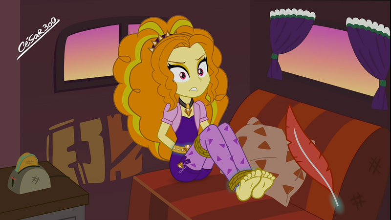 Size: 1281x720 | Tagged: suggestive, artist:cesar3o0, derpibooru import, adagio dazzle, equestria girls, arm behind back, barefoot, bondage, feather, feet, fetish, food, foot fetish, imminent tickles, jewelry, magic, pendant, rope, rope bondage, sexy, soles, taco, telekinesis, this will end in laughs, this will end in tickles, tied up, toaster, toes