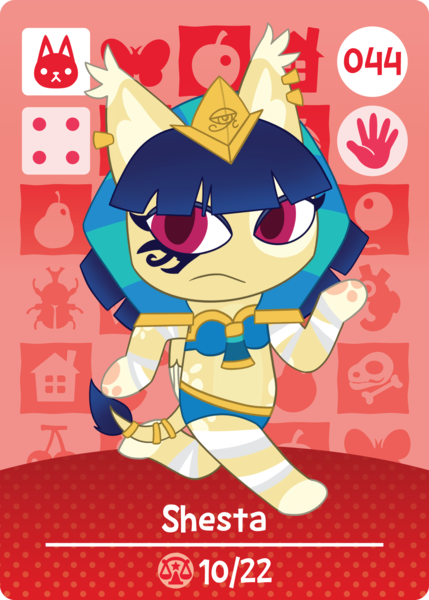 Size: 1500x2100 | Tagged: safe, artist:captshowtime, artist:showtimeandcoal, derpibooru import, oc, oc:shesta, unofficial characters only, pony, sphinx, amiibo, amiibo card, animal crossing, badge, bikini, card, cat burb, chibi, clothes, commission, con badge, convention badge, crown, cute, ear piercing, earring, egyptian, jewelry, pharaoh, piercing, ponysona, regalia, simple background, solo, swimsuit