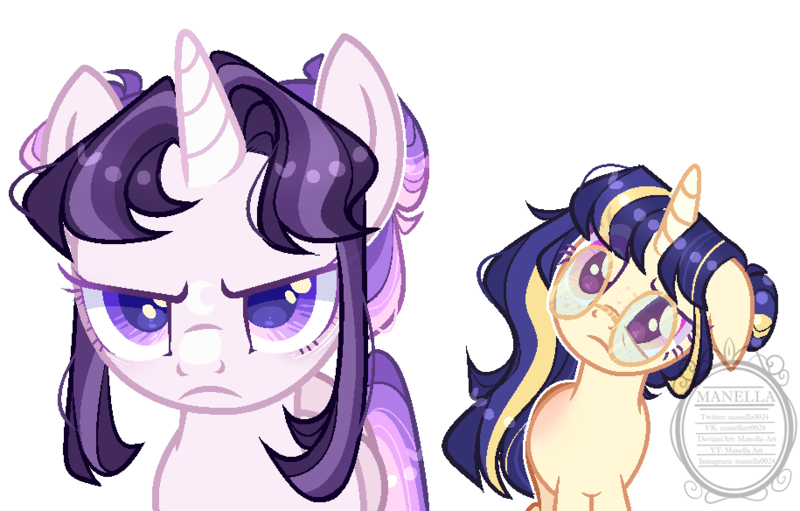 Size: 915x584 | Tagged: safe, artist:manella-art, derpibooru import, oc, oc:aurora twilightshine, oc:sunny moonlight, unofficial characters only, pony, unicorn, base used, duo, female, floppy ears, glasses, half-siblings, magical lesbian spawn, mare, offspring, parent:flash sentry, parent:rainbow dash, parent:twilight sparkle, parents:flashlight, parents:twidash, siblings, simple background, sisters, transparent background