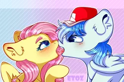Size: 3000x2000 | Tagged: suggestive, artist:etoz, derpibooru import, fluttershy, oc, oc:sports news, pegasus, blushing, canon x oc, commission, eyebrows, female, french kiss, gradient background, hat, kissing, male, mare, pegasus oc, shipping, sloppy kissing, stallion, straight, wingding eyes, wings, ych result