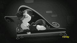 Size: 500x281 | Tagged: animated, black and white, couch, derpibooru import, detective rarity, discovery family logo, edit, edited screencap, fainting couch, gif, grayscale, monochrome, rarity, rarity investigates, reversed, safe, screencap, solo, you know for kids