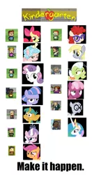 Size: 928x1602 | Tagged: safe, derpibooru import, apple bloom, cheerilee, cozy glow, derpy hooves, diamond tiara, granny smith, mr. waddle, princess celestia, scootaloo, snails, sweetie belle, twist, wind sprint, alicorn, earth pony, pegasus, pony, unicorn, exploitable meme, foal, kindergarten, kindergarten (game), make it happen, meme