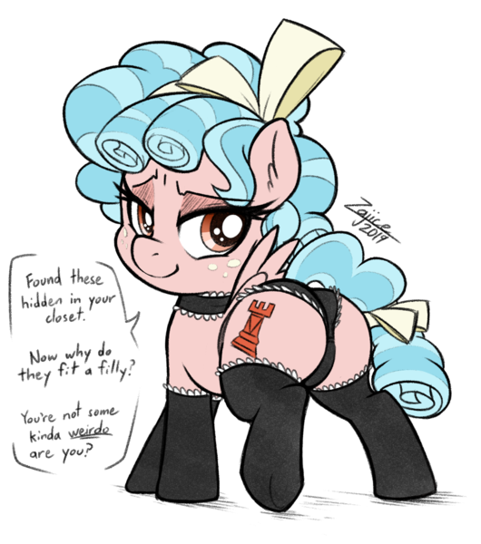 Size: 1122x1269 | Tagged: suggestive, artist:zajice, derpibooru import, edit, cozy glow, pegasus, pony, bow, butt, choker, clothes, cozy glutes, dialogue, ear fluff, female, filly, freckles, hair bow, implied foalcon, lifted leg, lingerie, looking back, plot, presenting, question, simple background, socks, solo, solo female, speech bubble, stockings, tail bow, thigh highs, transparent background