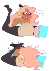 Size: 500x717 | Tagged: artist:cubbybatdoodles, blushing, dark skin, derpibooru import, derpy hooves, derpyshy, ditzy doo, female, female focus, fluttershy, human, humanized, lesbian, pegasus, shipping, smiling, solo focus, suggestive, the ass was fat, wing ears