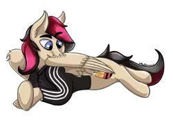 Size: 1188x843 | Tagged: safe, artist:maitrev, derpibooru import, oc, oc:porsche speedwings, unofficial characters only, pegasus, pony, adidas, adidas tracksuit, clothes, crossed hooves, ear fluff, eyebrows, feather, grooming, hoodie, laying on stomach, looking down, pegasus oc, preening, simple background, solo, transparent background, wings