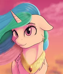 Size: 2988x3500 | Tagged: safe, artist:misty horyzon, derpibooru import, princess celestia, alicorn, pony, cheek fluff, chest fluff, cute, cutelestia, female, floppy ears, mare, sky, solo, sunset, windswept mane