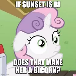 Size: 500x500 | Tagged: safe, derpibooru import, edit, edited screencap, screencap, sweetie belle, unicorn, ponyville confidential, caption, cropped, exploitable meme, floppy ears, hoof on chin, image macro, impact font, implied bisexual, implied sunset shimmer, meme, obligatory pony, sudden clarity sweetie belle, text