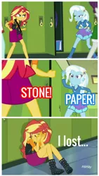 Size: 936x1658 | Tagged: safe, derpibooru import, edit, edited screencap, screencap, sunset shimmer, trixie, equestria girls, equestria girls series, forgotten friendship, comic, rock paper scissors, sad, screencap comic