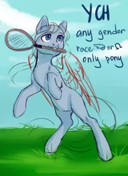 Size: 924x1269 | Tagged: safe, artist:nika-rain, derpibooru import, oc, earth pony, pegasus, pony, commission, cute, grass, solo, sports, summer, text, ych sketch, your character here