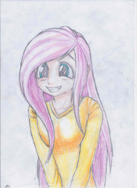 Size: 2091x2867 | Tagged: artist:hanaatori, derpibooru import, fluttershy, fluttersquee, human, humanized, safe, solo, traditional art