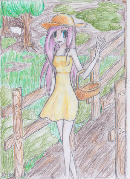 Size: 2085x2875 | Tagged: artist:hanaatori, basket, derpibooru import, fluttershy, hat, human, humanized, safe, scenery, solo, traditional art, tree