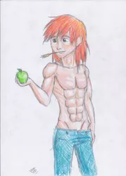 Size: 2072x2895 | Tagged: abs, apple, artist:hanaatori, big macintosh, clothes, derpibooru import, food, hay stalk, human, humanized, jeans, male, pants, partial nudity, solo, solo male, suggestive, topless, traditional art