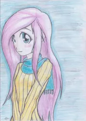 Size: 2068x2900 | Tagged: artist:hanaatori, clothes, derpibooru import, fluttershy, human, humanized, safe, scarf, solo, sweater, sweatershy, traditional art