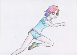 Size: 2903x2066 | Tagged: artist:hanaatori, clothes, converse, derpibooru import, human, humanized, rainbow dash, running, safe, shoes, solo, traditional art