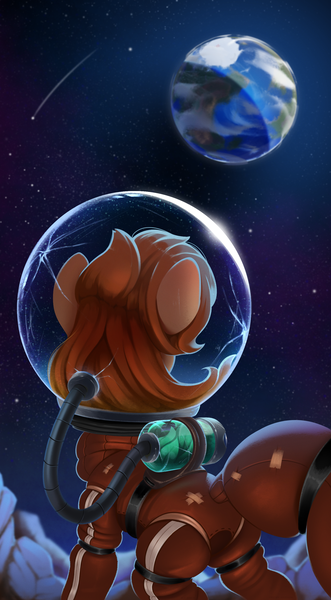 Size: 1603x2908 | Tagged: safe, artist:rexyseven, derpibooru import, oc, oc:rusty gears, unofficial characters only, pony, astronaut, earth, female, mare, planet, solo, space, spacesuit