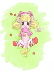 Size: 531x711 | Tagged: safe, artist:yuli, derpibooru import, ponified, earth pony, pony, food, hinaichigo, on back, pixiv, rozen maiden, solo, strawberry