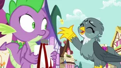 Size: 1920x1080 | Tagged: safe, derpibooru import, screencap, gabby, spike, dragon, gryphon, dragon dropped, confused, female, happy, male, ponyville, raised claw