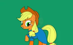 Size: 1440x900 | Tagged: safe, artist:whistle blossom, deleted from derpibooru, derpibooru import, applejack, earth pony, pony, applejack's hat, clothes, cowboy hat, cute, digital art, dress, female, green background, grin, hat, jackabetes, mare, obtrusive watermark, one hoof raised, simple background, smiling, watermark