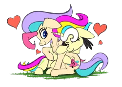 Size: 800x566 | Tagged: artist:calena, cute, derpibooru import, female, grass, heart, hug, love, multicolored hair, multicolored tail, oc, oc:sugar dancer, oc:trinity deblanc, safe, siblings, simple background, sisterly love, sisters, transparent background, unofficial characters only