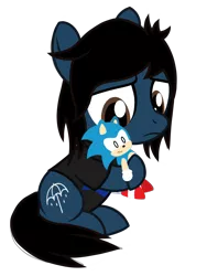 Size: 1200x1600 | Tagged: safe, artist:toyminator900, derpibooru import, oc, ponified, ponified:oliver sykes, earth pony, pony, bring me the horizon, clothes, colt, frown, hoof hold, hug, male, plushie, sad, shirt, show accurate, simple background, sitting, solo, sonic the hedgehog, sonic the hedgehog (series), t-shirt, transparent background, younger