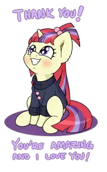Size: 1300x2100 | Tagged: safe, artist:kumakum, derpibooru import, moondancer, pony, unicorn, clothes, cute, dancerbetes, female, mare, missing accessory, simple background, sitting, smiling, solo, sweater, text, thank you, transparent background