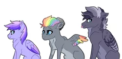 Size: 4351x2102 | Tagged: safe, artist:venommocity, derpibooru import, oc, oc:astra, oc:greywind, oc:thunderbird, unofficial characters only, pegasus, pony, colt, female, filly, male, multicolored hair, offspring, parent:dumbbell, parent:rainbow dash, parents:dumbdash, siblings, simple background, tongue out, white background