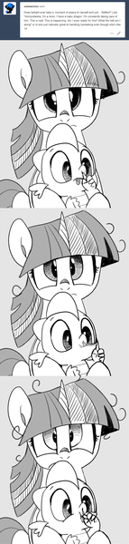 Size: 692x2902 | Tagged: safe, artist:mamatwilightsparkle, derpibooru import, spike, twilight sparkle, dragon, pony, unicorn, anxiety, baby, baby spike, booger, comic, female, filly, filly twilight sparkle, male, messy mane, monochrome, nose picking, snot, tongue out, tumblr, younger