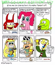 Size: 1280x1529 | Tagged: safe, artist:blackrhinoranger, derpibooru import, pinkie pie, earth pony, pony, six fanarts, bread, butter, buttered toast, chips, crossover, cupcake, dialogue, ed, ed edd n eddy, food, fred fredburger, happy go lucky, leni loud, mint chocolate chip, nachos, skylanders, speech bubble, sprinkles, star butterfly, star vs the forces of evil, the grim adventures of billy and mandy, the loud house, toast, trigger happy