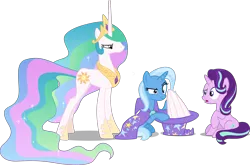 Size: 2915x1921 | Tagged: safe, artist:8-notes, artist:cheezedoodle96, artist:cloudyglow, artist:sketchmcreations, artist:tardifice, derpibooru import, edit, editor:slayerbvc, vector edit, princess celestia, starlight glimmer, trixie, pony, unicorn, annoyed, cape, celestia is not amused, celestia's crown, clothes, concerned, confused, female, hat, hoof shoes, magic trick, mare, oops, out of trixie's hat, peytral, race swap, simple background, sitting, this will end in a trip to the moon, transparent background, trixie's cape, trixie's hat, unamused, unicorn celestia, vector, wingless, wings