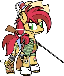 Size: 4000x4731 | Tagged: safe, alternate version, artist:icey-wicey-1517, artist:n0kkun, color edit, derpibooru import, edit, oc, oc:rootin' tootin', unofficial characters only, earth pony, pony, alcohol, bandage, beer, beer can, belt, blackletter, boots, can, clothes, collaboration, color, colored, cowboy boots, cowboy hat, daisy dukes, double barreled shotgun, drinking hat, ear piercing, earring, female, flannel, gun, handgun, hat, holster, jewelry, mare, piercing, redneck, revolver, shoes, shorts, shotgun, simple background, socks, solo, striped socks, tanktop, tattoo, transparent background, weapon