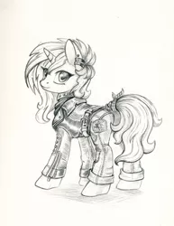Size: 900x1165 | Tagged: safe, artist:maytee, derpibooru import, sunset shimmer, pony, unicorn, clothes, ear piercing, earring, female, grayscale, jacket, jewelry, looking back, mare, monochrome, pants, pencil drawing, piercing, solo, tail wrap, traditional art