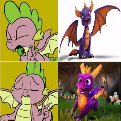 Size: 491x490 | Tagged: artist:pony-berserker edits, derpibooru import, dragon, drake, edit, eyes closed, meme, safe, skylanders, skylanders academy, spike, spyro reignited trilogy, spyro the dragon, winged spike