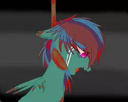 Size: 1000x800 | Tagged: grimdark, artist:dinogrl, derpibooru import, oc, oc:lightning strike, unofficial characters only, pony, blood, crying, death, hanging, hanging (by neck), rope, solo, suicide