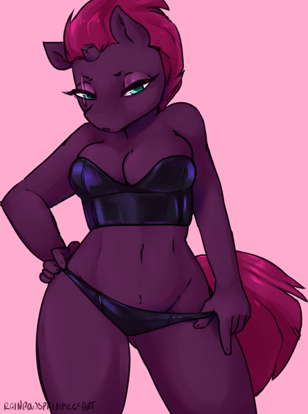 Size: 1841x2470 | Tagged: suggestive, artist:rainbowsprinklesart, derpibooru import, tempest shadow, anthro, unicorn, art pack:pantiepalooza3, bedroom eyes, belly button, breasts, broken horn, busty tempest shadow, clothes, female, horn, lingerie, looking at you, mare, modeling, purple underwear, solo, stupid sexy tempest shadow, teasing, underwear