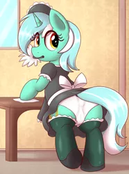 Size: 3346x4500 | Tagged: suggestive, artist:an-tonio, derpibooru import, lyra heartstrings, pony, art pack:pantiepalooza3, adorasexy, butt, cameltoe, clothes, cute, duster, female, looking at you, looking back, looking back at you, looking over shoulder, maid, mare, mouth hold, panties, plot, rear view, sexy, skirt, socks, solo, solo female, stockings, thigh highs, underwear, upskirt, white underwear