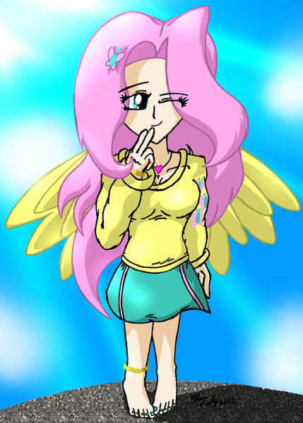 Size: 1562x2184 | Tagged: anklet, artist:meganekkoplymouth241, barefoot, clothes, cute, cutie mark, cutie mark on clothes, derpibooru import, feet, female, fluttershy, hairpin, human, humanized, jewelry, one eye closed, pendant, safe, shirt, shyabetes, skirt, solo, toenails, winged humanization, wings, wink