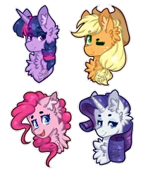 Size: 982x1167 | Tagged: safe, artist:silentwolf-oficial, derpibooru import, applejack, pinkie pie, rarity, twilight sparkle, earth pony, pony, unicorn, bust, chest fluff, cute, ear fluff, female, fluffy, hat, image, mare, one eye closed, open mouth, png, portrait, signature, simple background, smiling, transparent background, unicorn twilight, wink