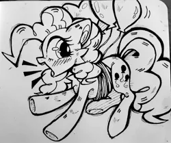 Size: 2048x1711 | Tagged: safe, artist:dino_horse, artist:dinohrs, deleted from derpibooru, derpibooru import, pinkie pie, earth pony, pony, balloon, floating, monochrome, solo, then watch her balloons lift her up to the sky